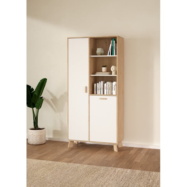 Bibliotecă albă-în culoare naturală cu aspect de lemn de stejar 89x188x40 cm Ikast – Tvilum-image-1