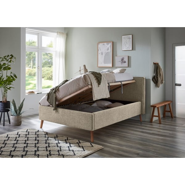 Pat matrimonial bej tapițat cu spațiu de depozitare cu somieră 140x200 cm Riva – Meise Möbel-image-3