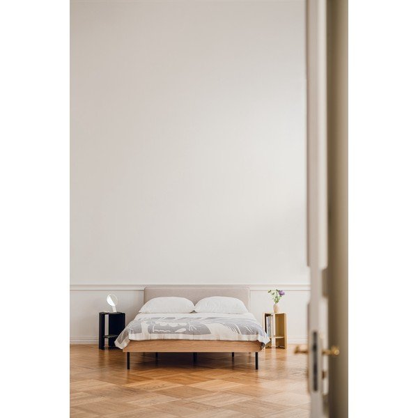 Pat matrimonial în culoare naturală tapițat/din  placă aglomerată de lemn cu aspect de lemn de stejar cu somieră 160x200 cm Streiko – noo.ma-image-3