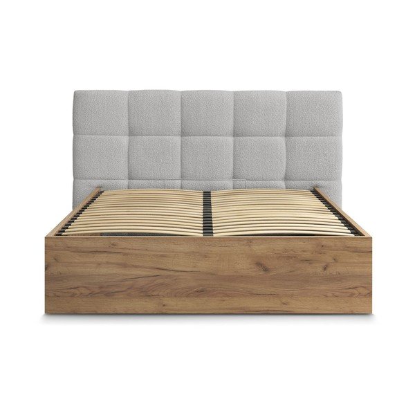 Pat matrimonial gri tapițat/din  placă aglomerată de lemn tapițat cu spațiu de depozitare cu somieră 180x200 cm Kumo – Bobochic Paris