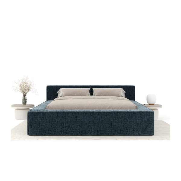 Pat matrimonial albastru prăfuit tapițat cu spațiu de depozitare cu somieră 180x200 cm Voliera – Maison de Rêve-image-3