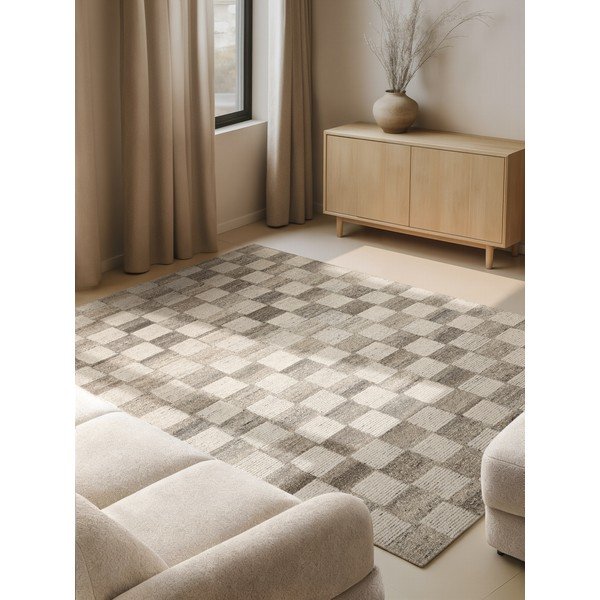 Covor crem țesut manual din lână 80x150 cm Boho 1.0 Quadra – Vikosa-image-1