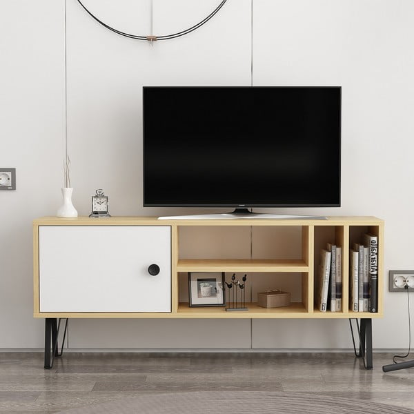 Comodă TV albă/cu aspect de lemn de stejar 120x52 cm Arven – Kalune Design-image-2