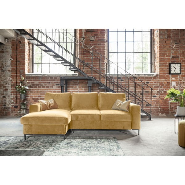 Colțar extensibil din catifea cu șezlong pe partea stângă Miuform Lofty Lilly, galben muștar-image-1