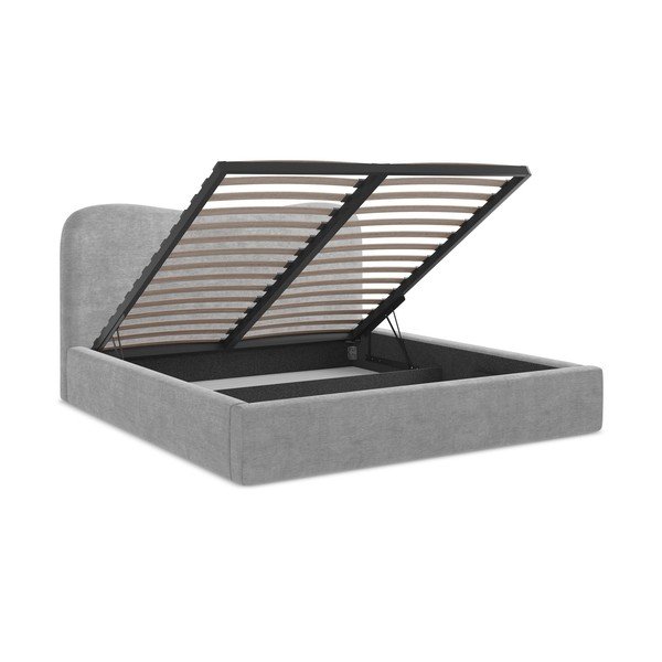 Pat matrimonial gri deschis tapițat cu spațiu de depozitare cu somieră 180x200 cm Kahai – Makamii-image-3