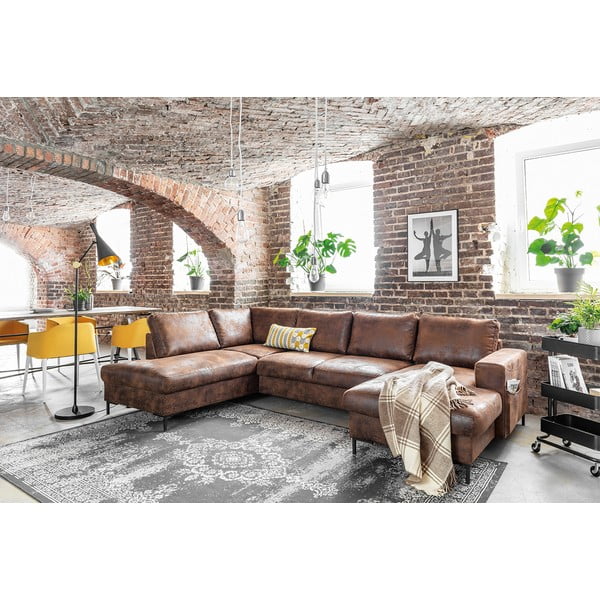 Canapea extensibilă în formă de „U” din imitație de piele cu șezlong pe partea stângă Miuform Lofty Lilly Vintage, maro-image-4