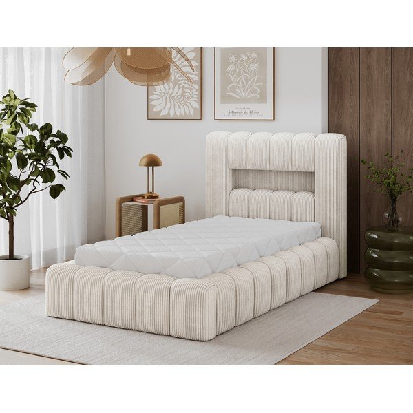 Pat bej tapițat cu spațiu de depozitare cu somieră 90x200 cm Lamica – ELTAP-image-2
