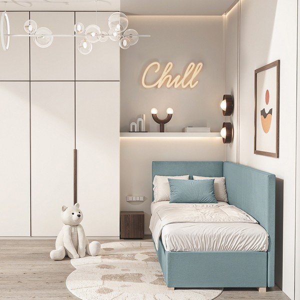 Pat pentru copii  albastru pe colț cu spațiu de depozitare cu saltea 90x200 cm Flexi – Ghado-image-1
