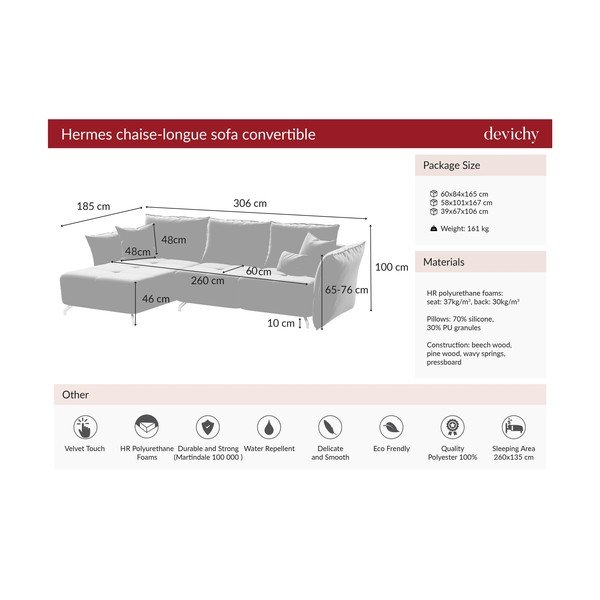 Colțar extensibil din catifea cu șezlong pe partea stângă devichy Hermes, roz închis-image-4