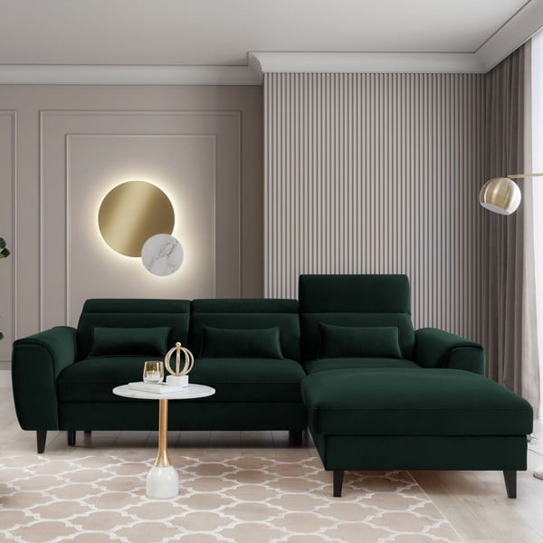 Colțar verde închis extensibil/cu spațiu de depozitare cu tapițerie din catifea (cu colț pe partea dreaptă/cu șezlong) Foble – ELTAP-image-1