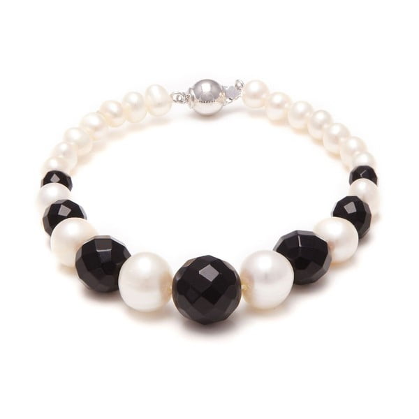 Brățară din perle de râu GemSeller Arvensis, perle albe și onix negru 