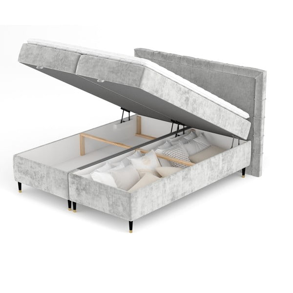 Pat boxspring gri deschis cu spațiu de depozitare 180x200 cm Voyage – Maison de Rêve-image-2