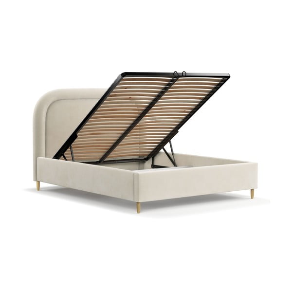 Pat matrimonial crem tapițat cu spațiu de depozitare cu somieră 180x200 cm Mija – Maison de Rêve-image-3