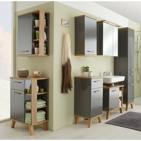 Dulap de baie gri jos cu aspect de lemn de stejar 35,5x89,5 cm Quickset 924 – Pelipal-image-2