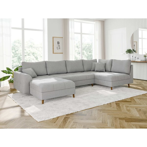 Colțar gri deschis cu tapițerie din catifea reiată  (colț stânga /în formă de "U") Ariella – Ropez-image-3