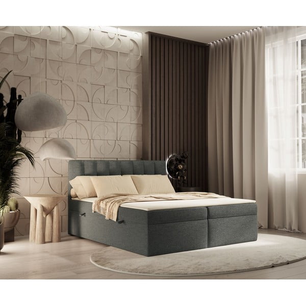 Pat boxspring gri închis cu spațiu de depozitare 140x200 cm Novento – Maison de Rêve-image-1