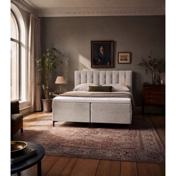 Pat boxspring taupe cu spațiu de depozitare 180x200 cm Puhala – Makamii-image-1