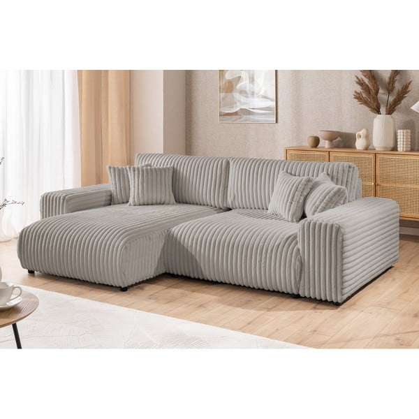 Colțar gri deschis extensibil, cu spațiu de depozitare, cu tapițerie din catifea reiată  (cu colț pe partea stângă) Sarina – Ropez-image-4