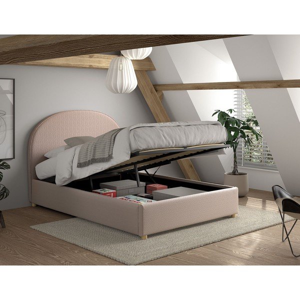 Pat matrimonial roz tapițat cu spațiu de depozitare cu somieră 140x200 cm Moon – Vipack-image-2