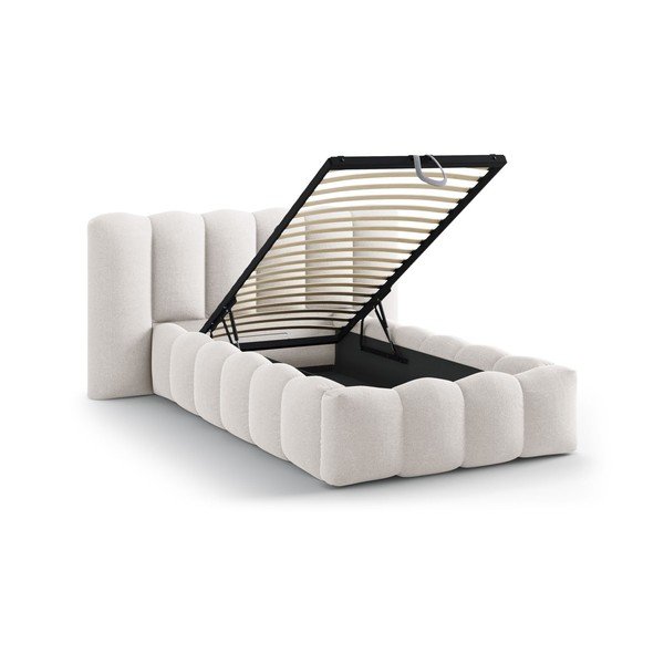 Pat crem tapițat cu spațiu de depozitare cu somieră 90x200 cm Lupine – Micadoni -image-1