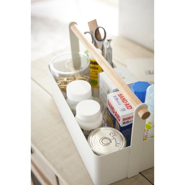 Cutie multifuncțională cu detaliu din lemn de fag YAMAZAKI Tosca Tool Box, lungime 29 cm, alb-image-3