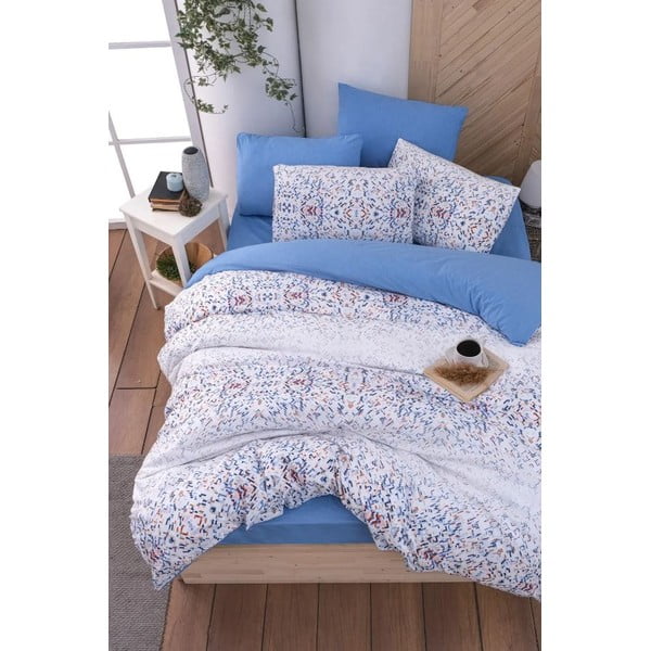 Lenjerie de pat albă/albastră pentru pat dublu/extinsă cu cearceaf inclus/cu 4 piese 200x220 cm Geometric – Mila Home
