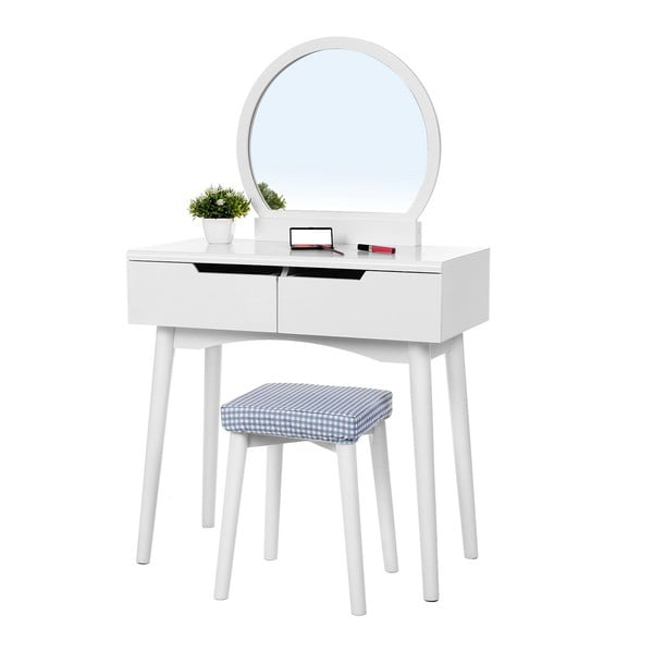 Măsuță din lemn cu oglindă, scaun și două sertare Songmics, alb