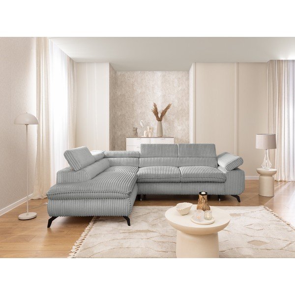 Colțar gri deschis cu tapițerie din catifea reiată  (cu colț pe partea stângă/în formă de ”L”) Marbeya  – Ropez-image-4