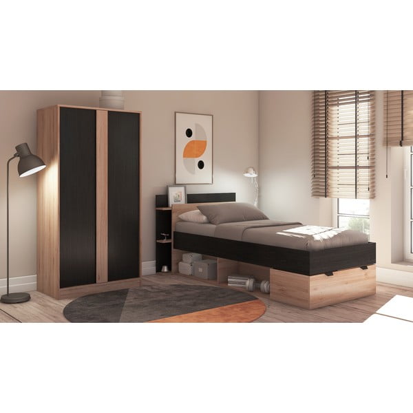 Pat negru/în culoare naturală cu aspect de lemn de stejar cu spațiu de depozitare fără somieră 90x200 cm Albo – Marckeric-image-1