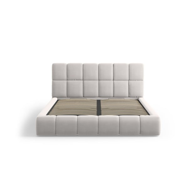 Pat matrimonial gri deschis tapițat din catifea cu spațiu de depozitare cu somieră 140x200 cm Bellis – Micadoni -image-3