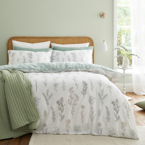 Lenjerie de pat albă/verde din bumbac pentru pat de o persoană 135x200 cm Wild Flowers – Bianca