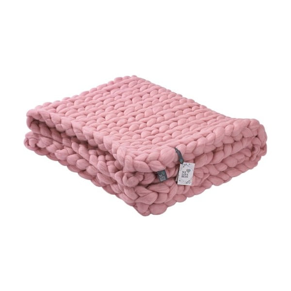 Pled tricotat manual din lână merinos WeLoveBeds, 180 x 140 cm, roz