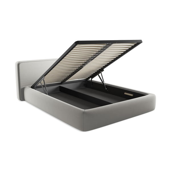Pat matrimonial gri deschis tapițat cu spațiu de depozitare cu somieră 160x200 cm Kiana – Makamii-image-3