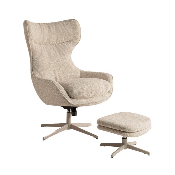 Fotoliu cu taburet bej pivotant cu tapițerie din țesătură bouclé Kenzi – Micadoni 