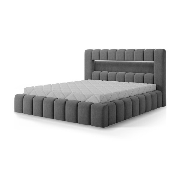 Pat matrimonial gri tapițat cu spațiu de depozitare cu somieră 140x200 cm Lamica – ELTAP