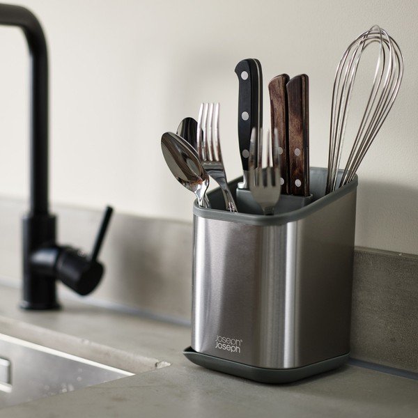 Scurgător de vase argintiu lucios pentru tacâmuri din oțel inoxidabil 11x11,5 cm Duo Steel – Joseph Joseph-image-1