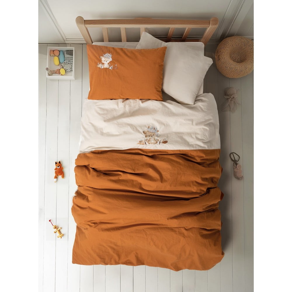 Lenjerie de pat pentru copii portocalie-bej din bumbac pentru pătuț, cu cearceaf inclus, cu 4 piese 100x150 cm Clever – Mijolnir