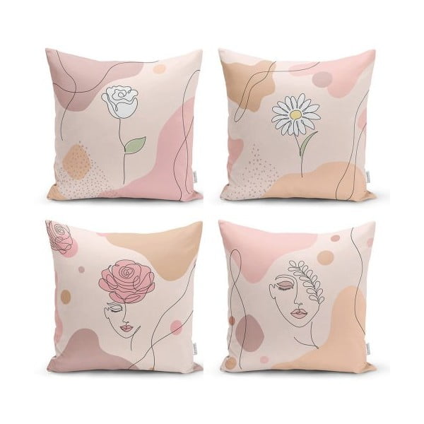 Set 4 fețe de pernă decorative Minimalist Cushion Covers Draw Art Women, 45 x 45 cm