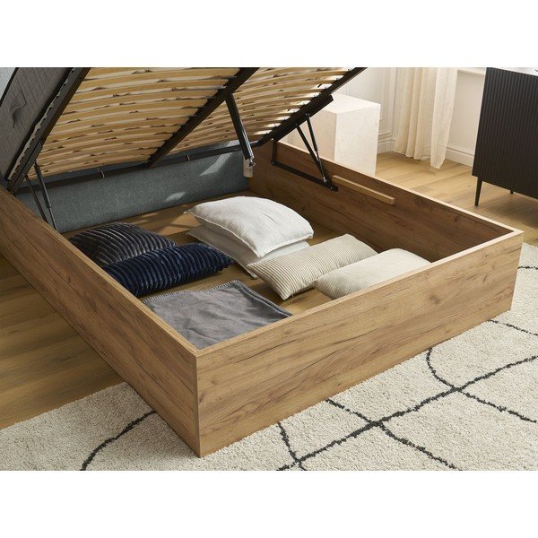 Pat matrimonial gri deschis tapițat/din  placă aglomerată de lemn tapițat cu spațiu de depozitare cu somieră 160x200 cm Charlie – Bobochic Paris-image-4
