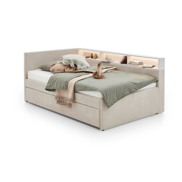 Pat pentru copii  bej pe colț cu spațiu de depozitare fără somieră 90x200 cm Uno – Meise Möbel-image-4