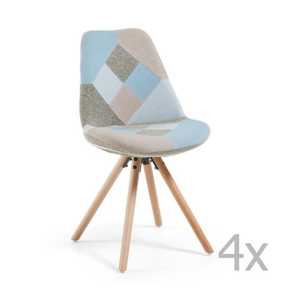 Set 4 scaune de bucătărie cu picioare din lemn La Forma Lars Patchwork, albastru gri