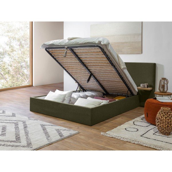 Pat matrimonial verde închis tapițat cu spațiu de depozitare cu somieră 160x200 cm Blandine – Bobochic Paris-image-3