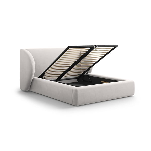 Pat dublu gri deschis tapițat cu spațiu de depozitare și somieră 200x200 cm Miley – Micadoni Home-image-3
