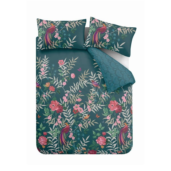 Lenjerie  verde pentru pat dublu 200x200 cm Tropical Floral Birds - Catherine Lansfield