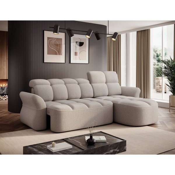 Colțar bej extensibil/cu spațiu de depozitare cu tapițerie din țesătură bouclé (cu colț pe partea dreaptă/cu șezlong) Beneth – ELTAP-image-3