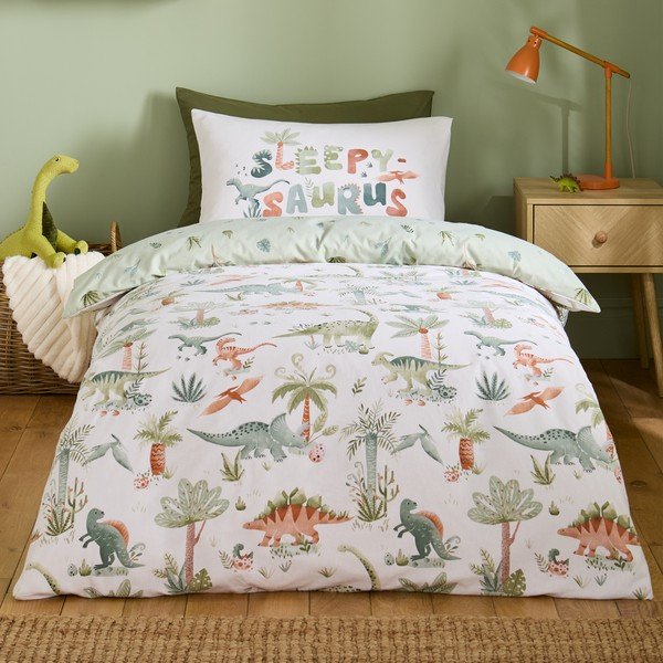 Lenjerie de pat pentru copii crem din flanelă pentru pat de o persoană 135x200 cm Brushed Sleepy Saurus Dino – Catherine Lansfield-image-1