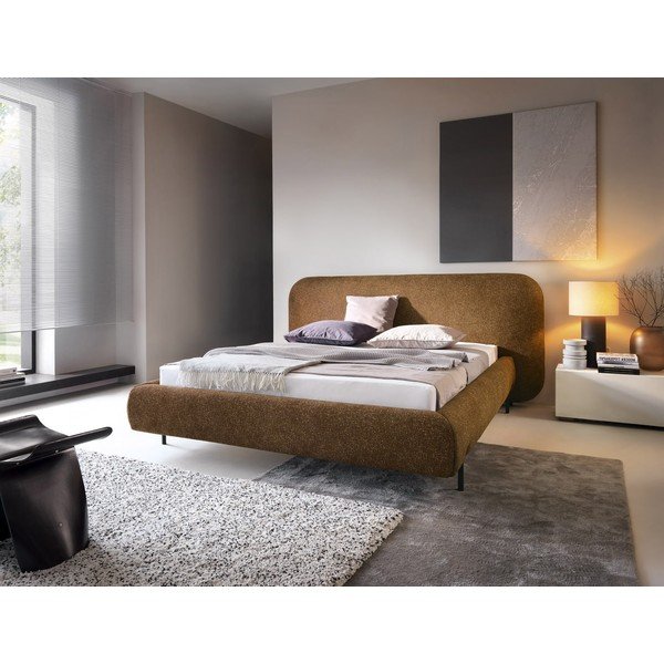 Pat matrimonial galben ocru tapițat cu spațiu de depozitare cu somieră 160x200 cm Pointt – ELTAP-image-1