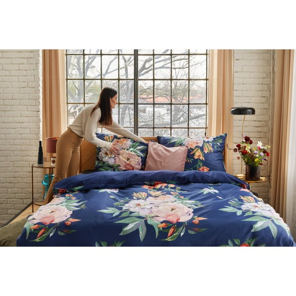 Lenjerie de pat din bumbac satinat pentru pat dublu Bonami Selection Floret, 200 x 220 cm, albastru marin-image-4