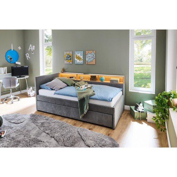 Pat pentru copii  gri pe colț cu spațiu de depozitare fără somieră 90x200 cm Uno – Meise Möbel-image-2