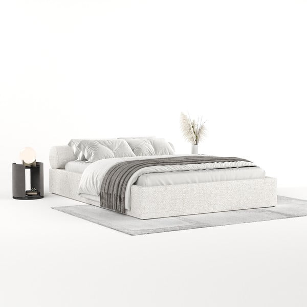 Pat matrimonial crem tapițat cu spațiu de depozitare cu somieră 160x200 cm Solvo – Maison de Rêve-image-2